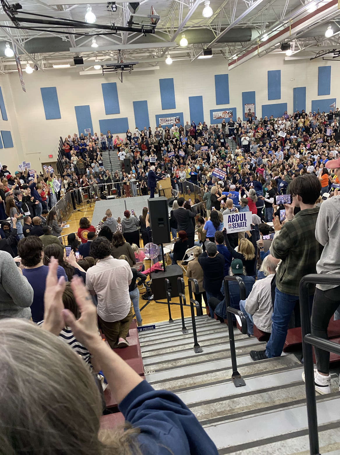 Marian Blocker attending Bernie Sanders rally at Mumford High School